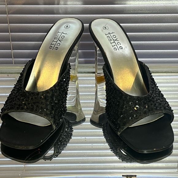 Joyce Leslie black sequin Lucite acrylic high heel sandal shoes heeled vintage - Picture 2 of 7